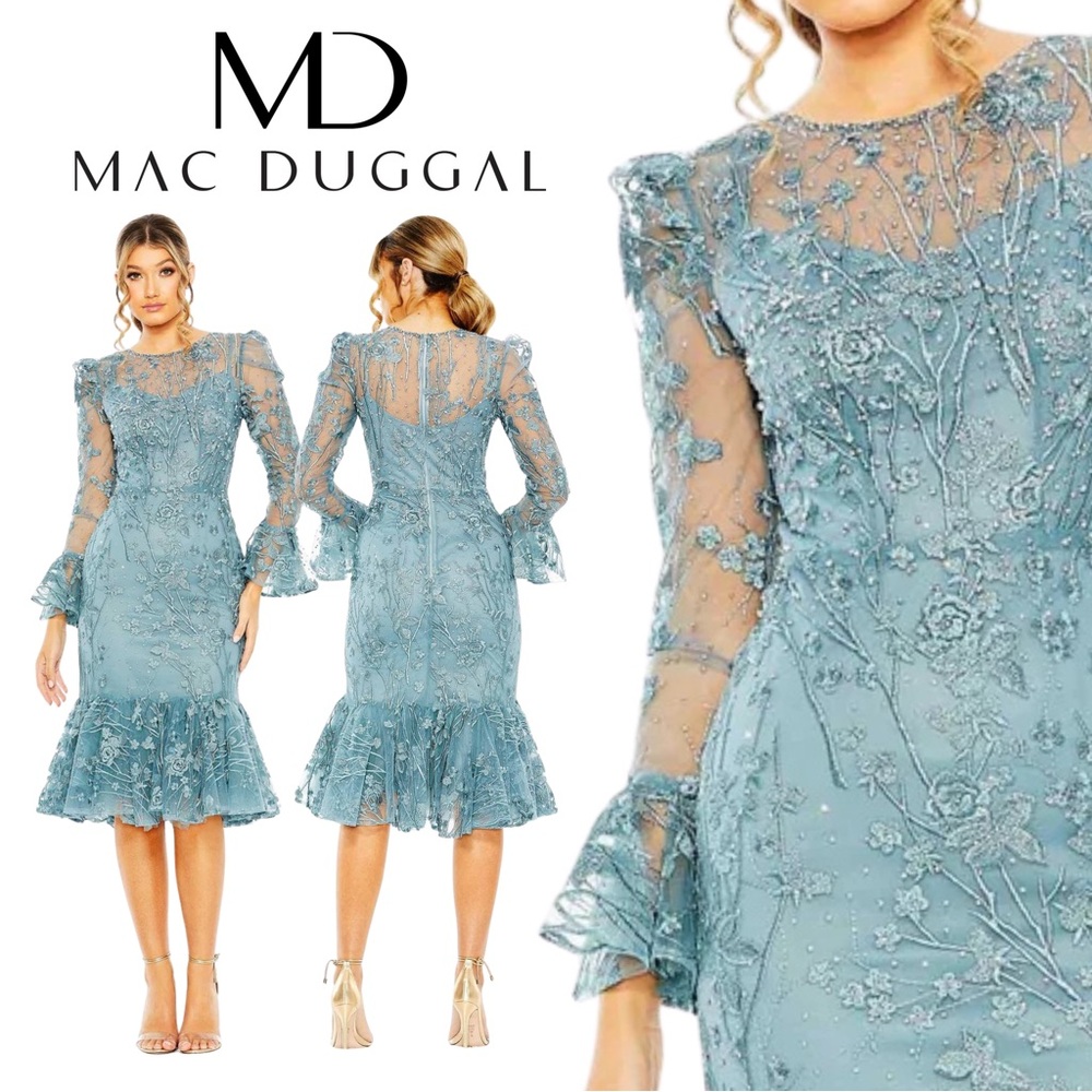 Mac Duggal Teal Embroidered Long Sleeve Dress size 2